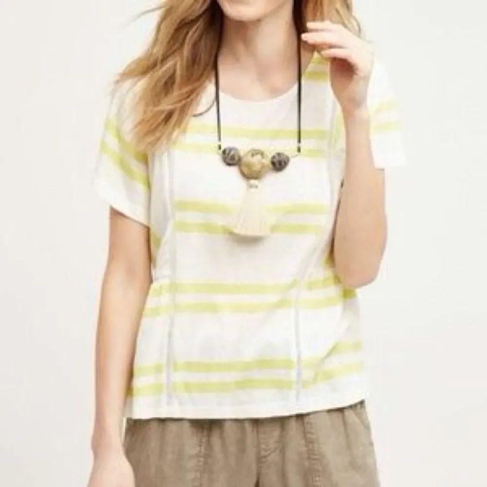 Anthropologie Postmark Womens Linen Cotton Flutter Top White Lime Green Striped